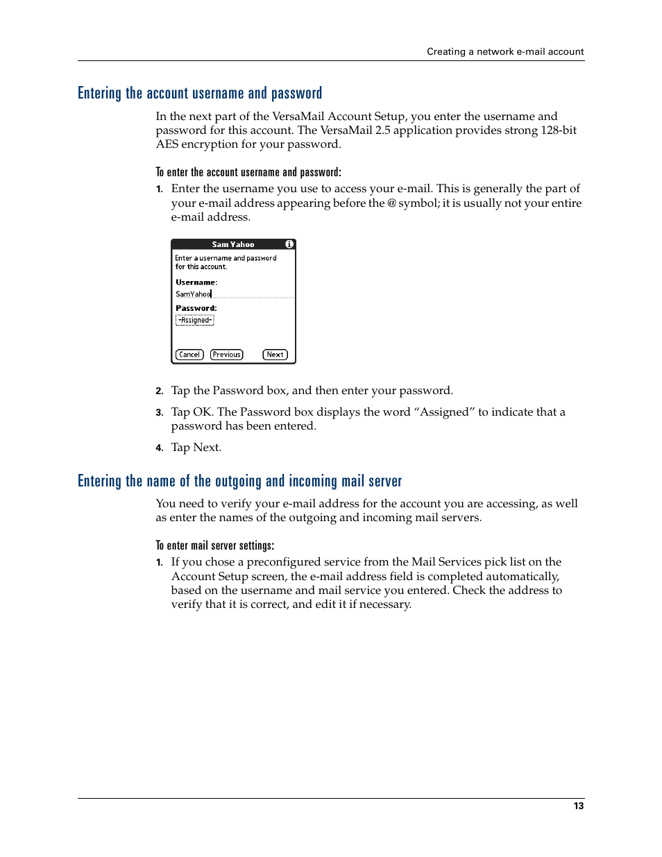 Entering the account username and password | 2nd Ave. Palm VersaMail 2.5 User Manual | Page 19 / 166