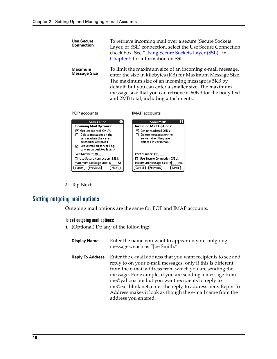 Setting outgoing mail options | 2nd Ave. Palm VersaMail 2.5 User Manual | Page 22 / 166
