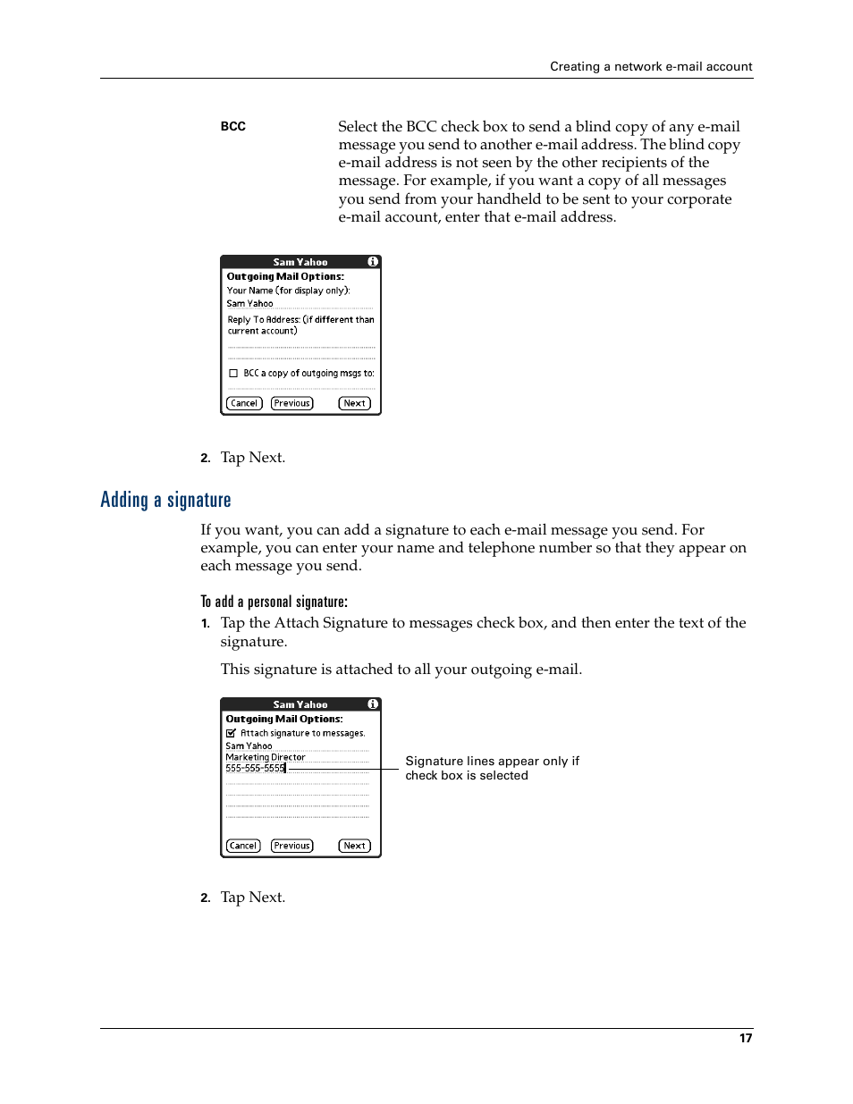 Adding a signature | 2nd Ave. Palm VersaMail 2.5 User Manual | Page 23 / 166