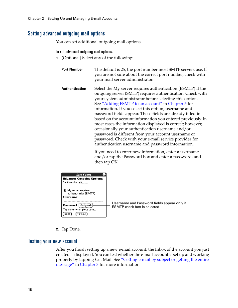 Setting advanced outgoing mail options, Testing your new account | 2nd Ave. Palm VersaMail 2.5 User Manual | Page 24 / 166