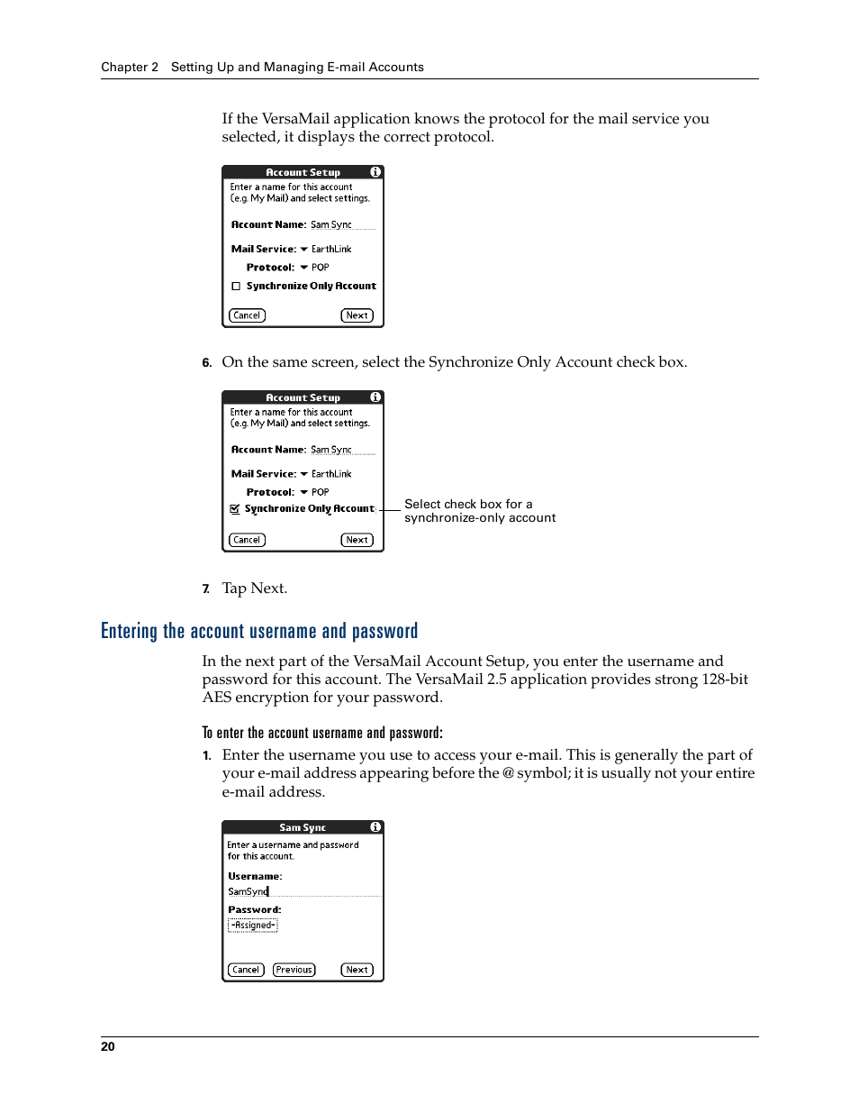 Entering the account username and password | 2nd Ave. Palm VersaMail 2.5 User Manual | Page 26 / 166