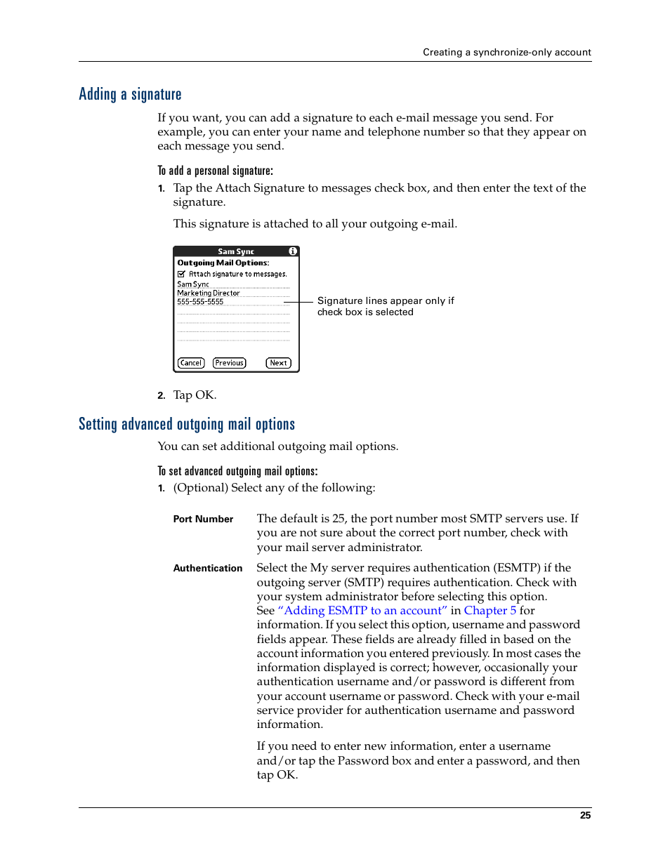 Adding a signature, Setting advanced outgoing mail options | 2nd Ave. Palm VersaMail 2.5 User Manual | Page 31 / 166