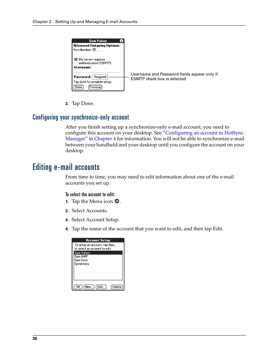 Configuring your synchronize-only account, Editing e-mail accounts | 2nd Ave. Palm VersaMail 2.5 User Manual | Page 32 / 166