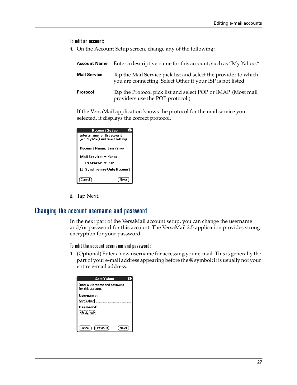 Changing the account username and password | 2nd Ave. Palm VersaMail 2.5 User Manual | Page 33 / 166