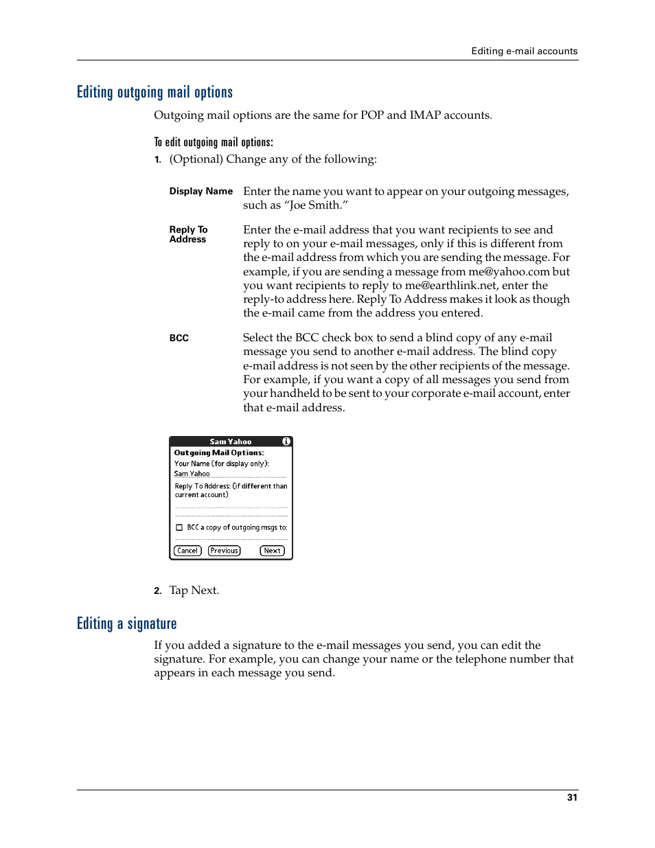 Editing outgoing mail options, Editing a signature, Editing outgoing mail options editing a signature | 2nd Ave. Palm VersaMail 2.5 User Manual | Page 37 / 166