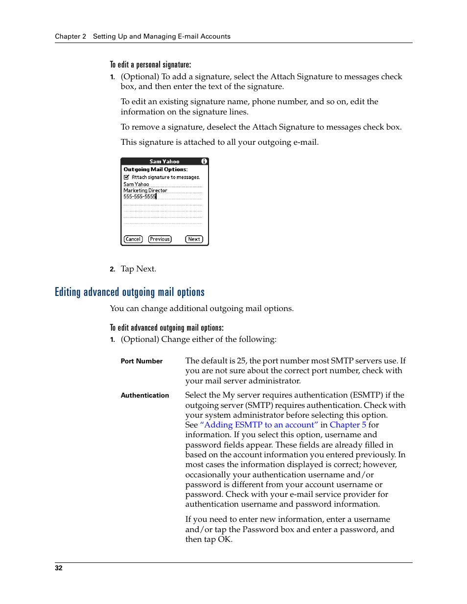 Editing advanced outgoing mail options | 2nd Ave. Palm VersaMail 2.5 User Manual | Page 38 / 166