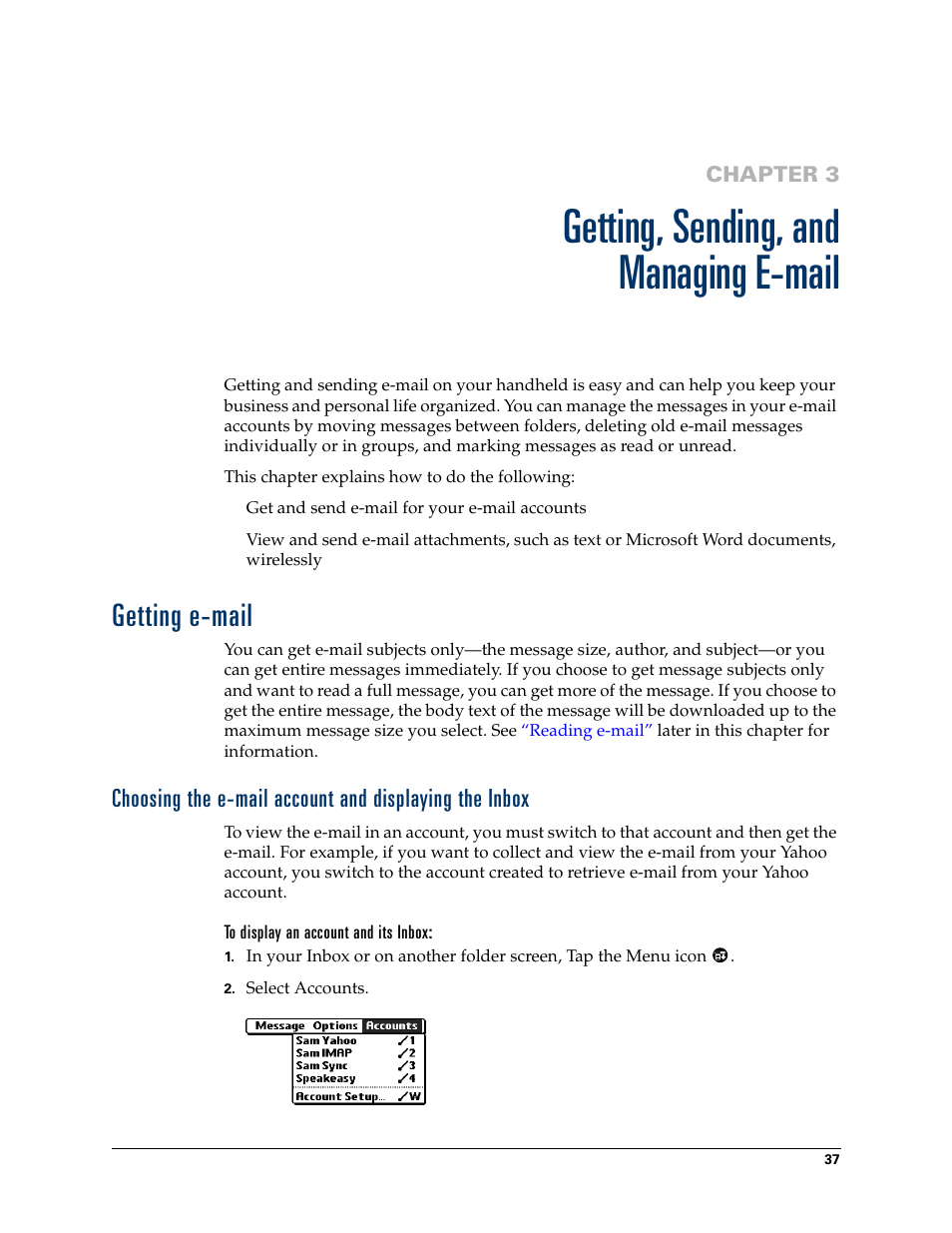 Getting, sending, and managing email, Getting e-mail, Chapter 3: getting, sending, and managing e-mail | Chapter 3, Getting, sending, and managing e-mail | 2nd Ave. Palm VersaMail 2.5 User Manual | Page 43 / 166