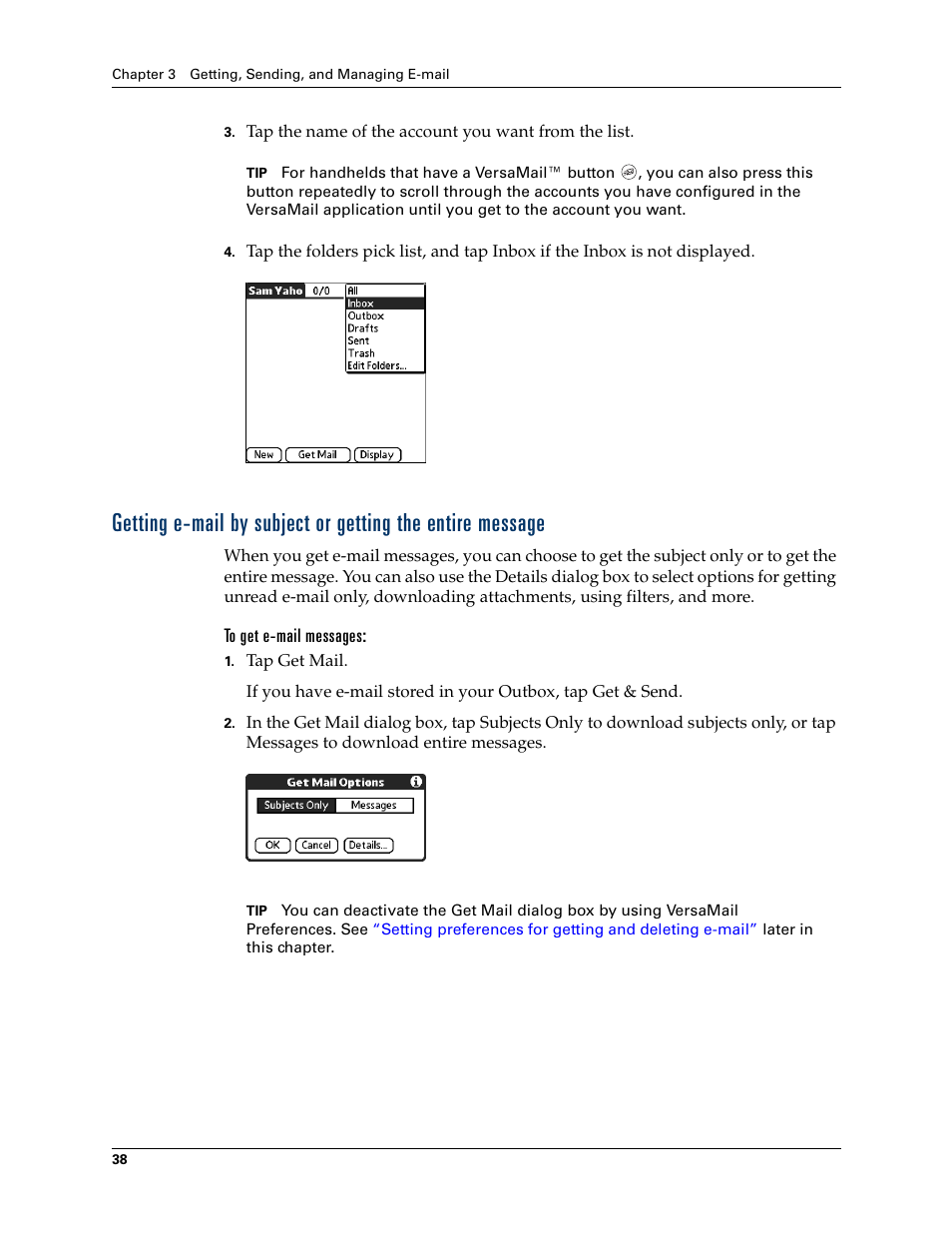 Getting e-mail by subject or getting the entire, Message, Chapter 3 | 2nd Ave. Palm VersaMail 2.5 User Manual | Page 44 / 166