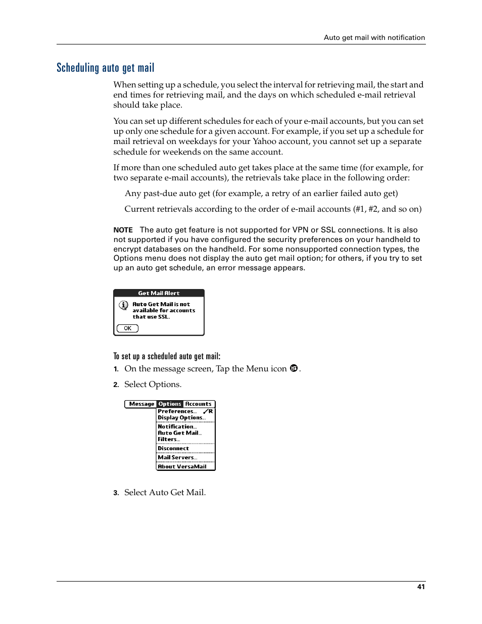 Scheduling auto get mail | 2nd Ave. Palm VersaMail 2.5 User Manual | Page 47 / 166