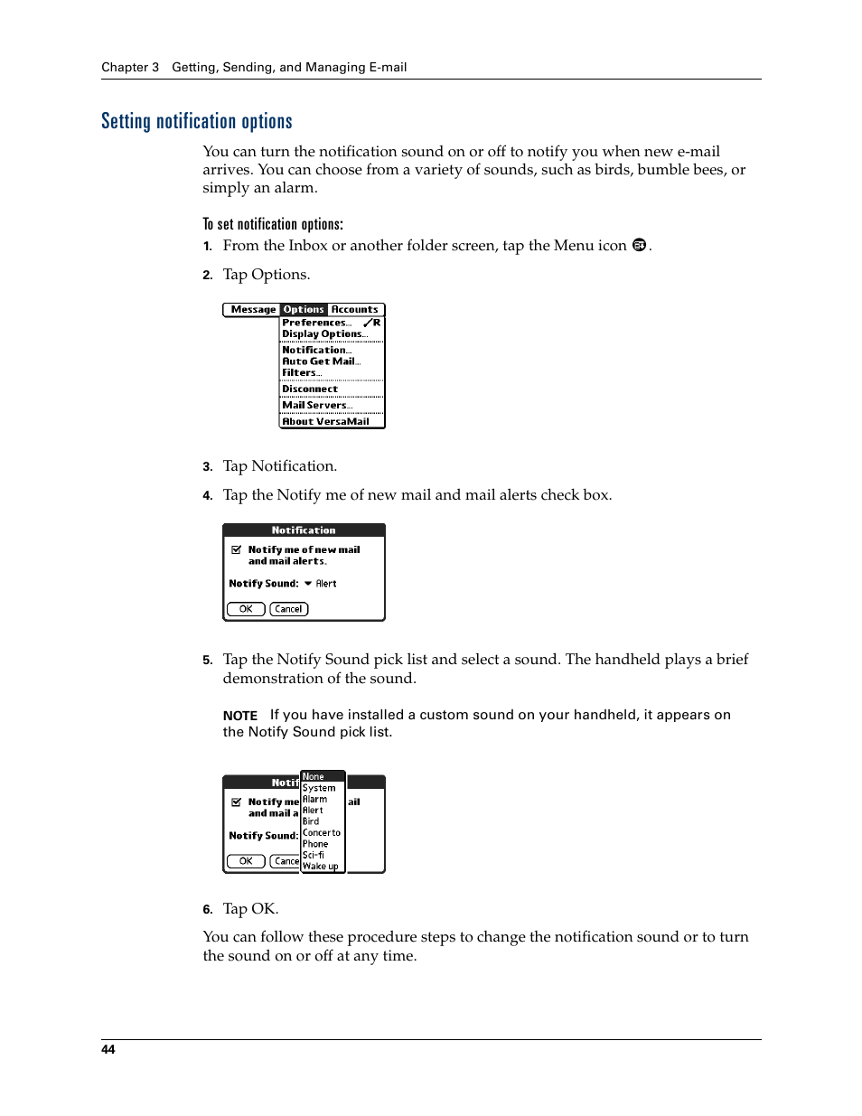 Setting notification options, Setting, Notification options | 2nd Ave. Palm VersaMail 2.5 User Manual | Page 50 / 166