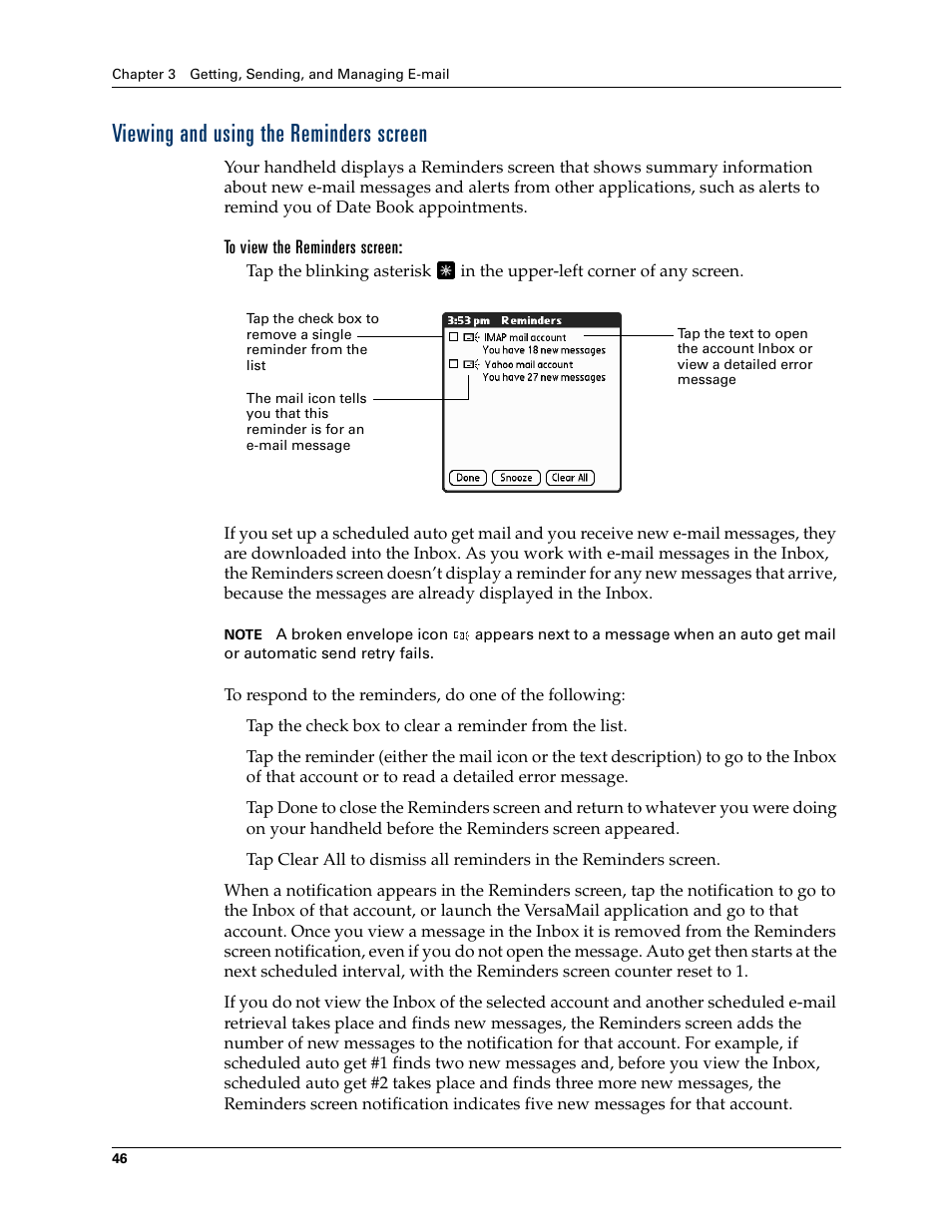 Viewing and using the reminders screen, Viewing and, Using the reminders screen | 2nd Ave. Palm VersaMail 2.5 User Manual | Page 52 / 166