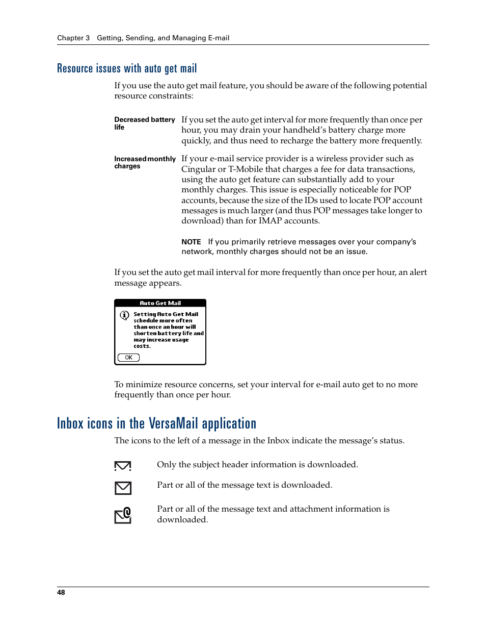 Resource issues with auto get mail, Inbox icons in the versamail application | 2nd Ave. Palm VersaMail 2.5 User Manual | Page 54 / 166
