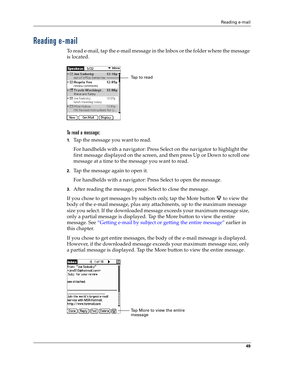 Reading e-mail | 2nd Ave. Palm VersaMail 2.5 User Manual | Page 55 / 166