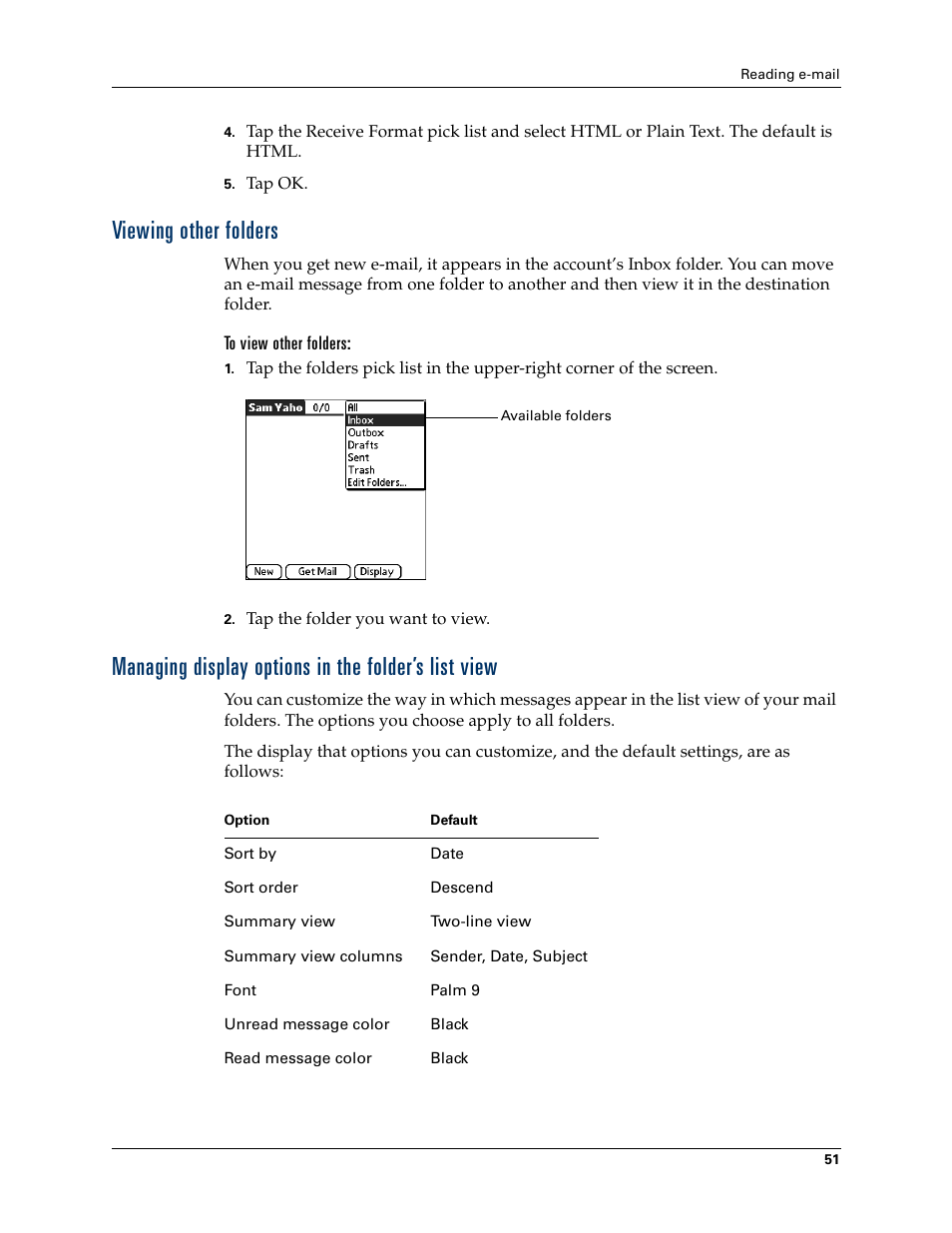 Viewing other folders, Managing display options in the folder’s list view | 2nd Ave. Palm VersaMail 2.5 User Manual | Page 57 / 166