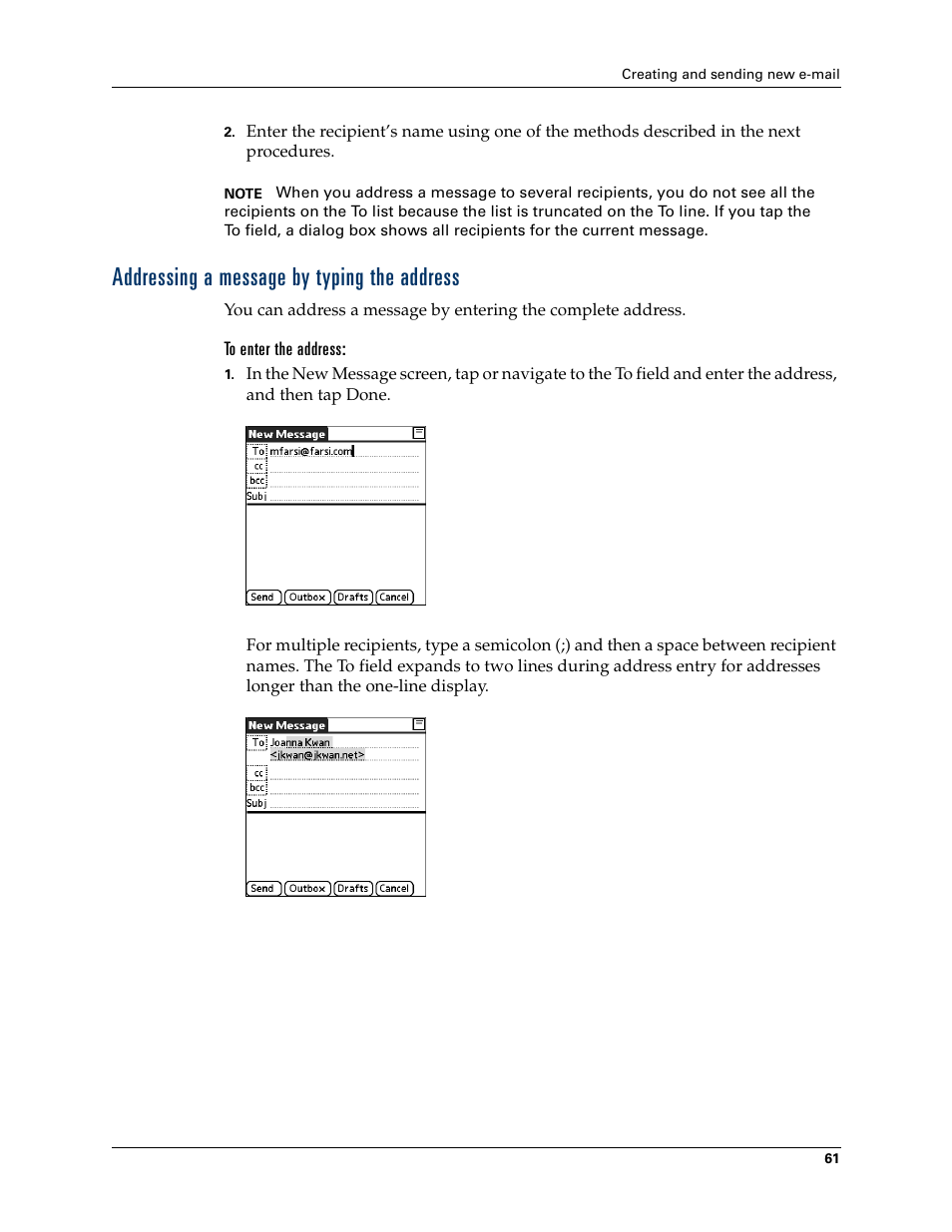 Addressing a message by typing the address | 2nd Ave. Palm VersaMail 2.5 User Manual | Page 67 / 166