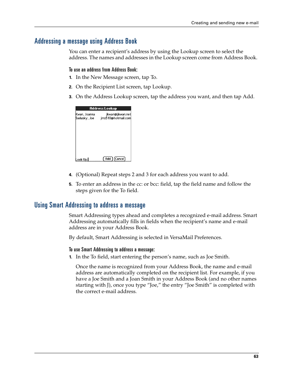 Addressing a message using address book, Using smart addressing to address a message | 2nd Ave. Palm VersaMail 2.5 User Manual | Page 69 / 166