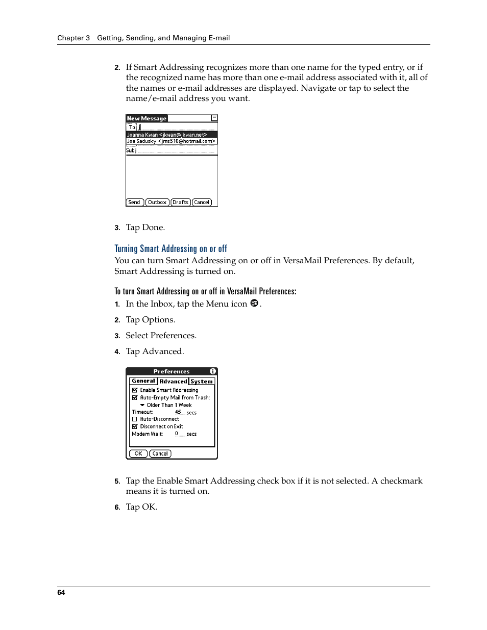 Turning smart addressing on or off | 2nd Ave. Palm VersaMail 2.5 User Manual | Page 70 / 166