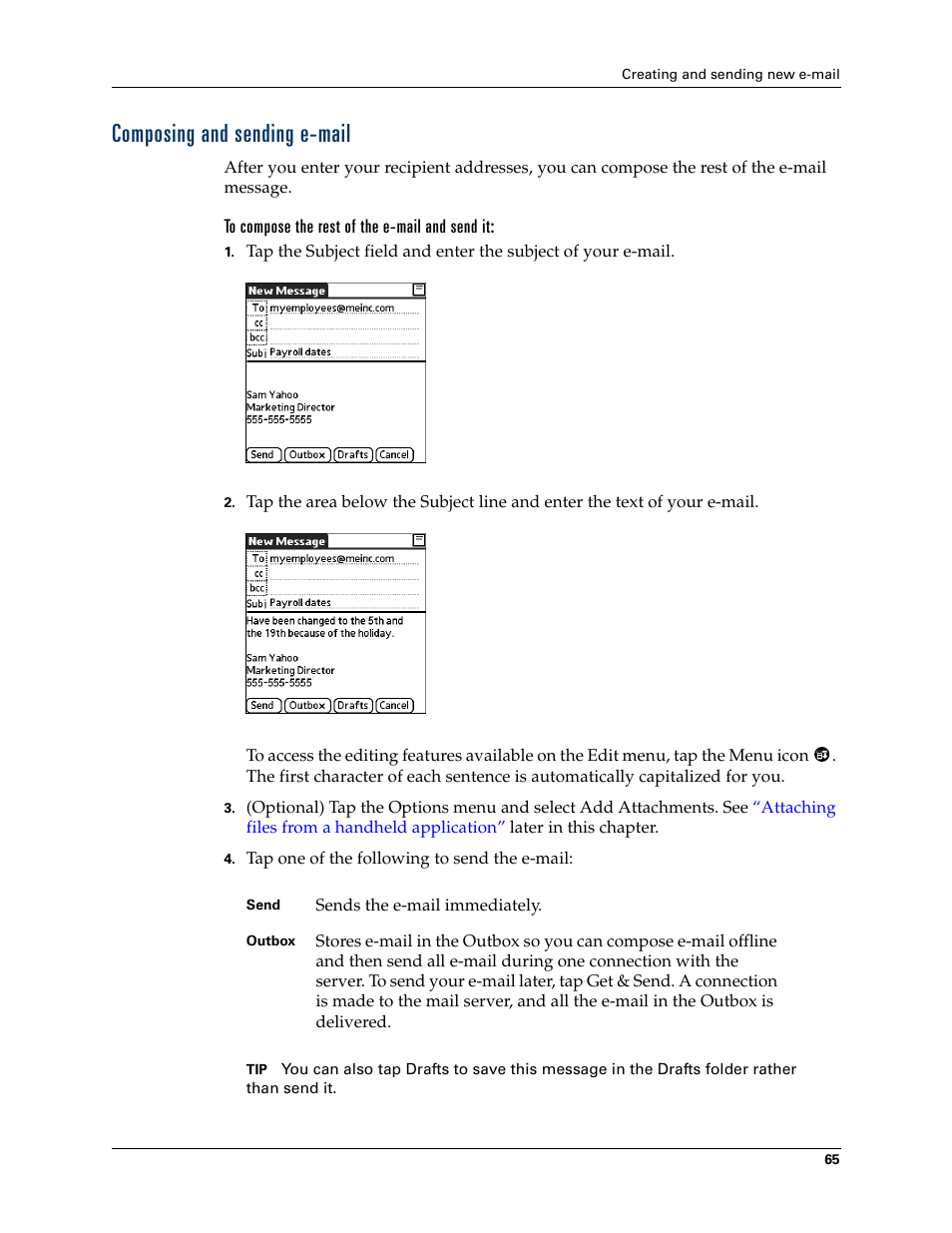 Composing and sending e-mail | 2nd Ave. Palm VersaMail 2.5 User Manual | Page 71 / 166