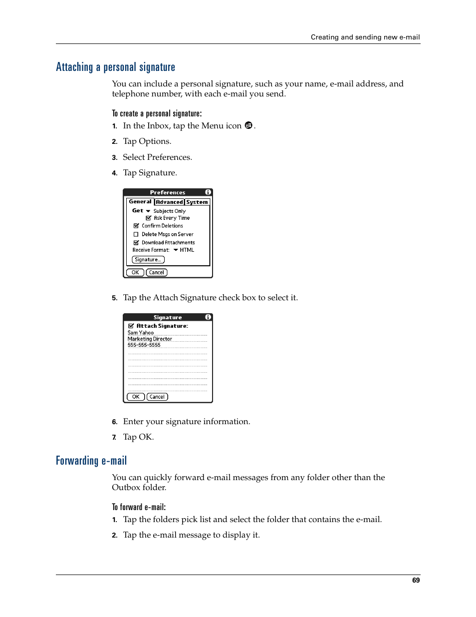 Attaching a personal signature, Forwarding e-mail, Attaching a personal signature forwarding e-mail | 2nd Ave. Palm VersaMail 2.5 User Manual | Page 75 / 166