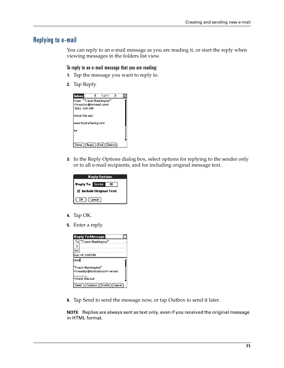 Replying to e-mail | 2nd Ave. Palm VersaMail 2.5 User Manual | Page 77 / 166