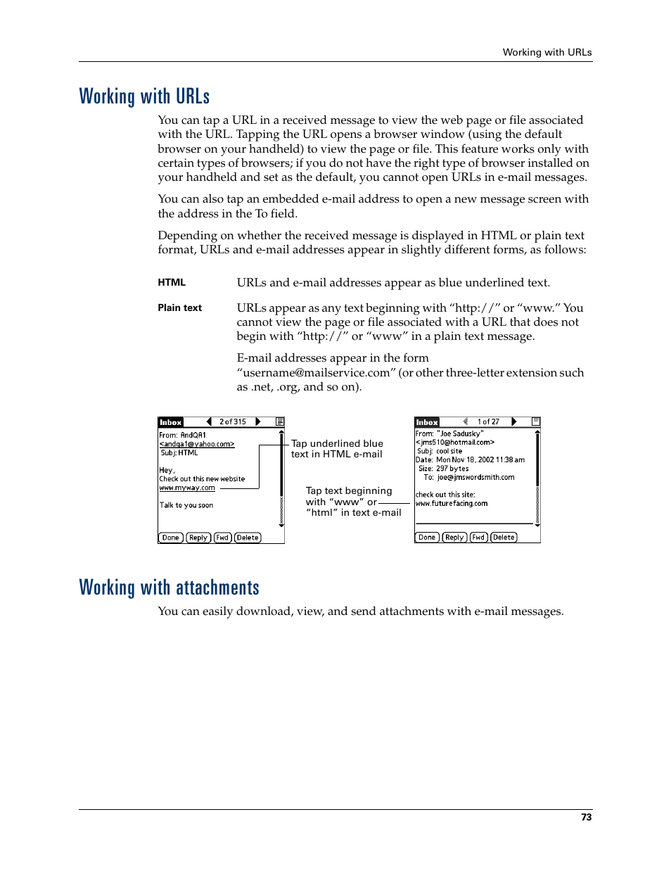 Working with urls, Working with attachments | 2nd Ave. Palm VersaMail 2.5 User Manual | Page 79 / 166