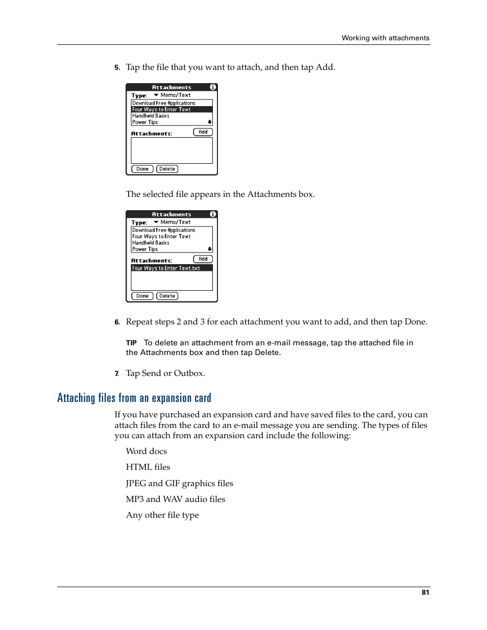 Attaching files from an expansion card | 2nd Ave. Palm VersaMail 2.5 User Manual | Page 87 / 166