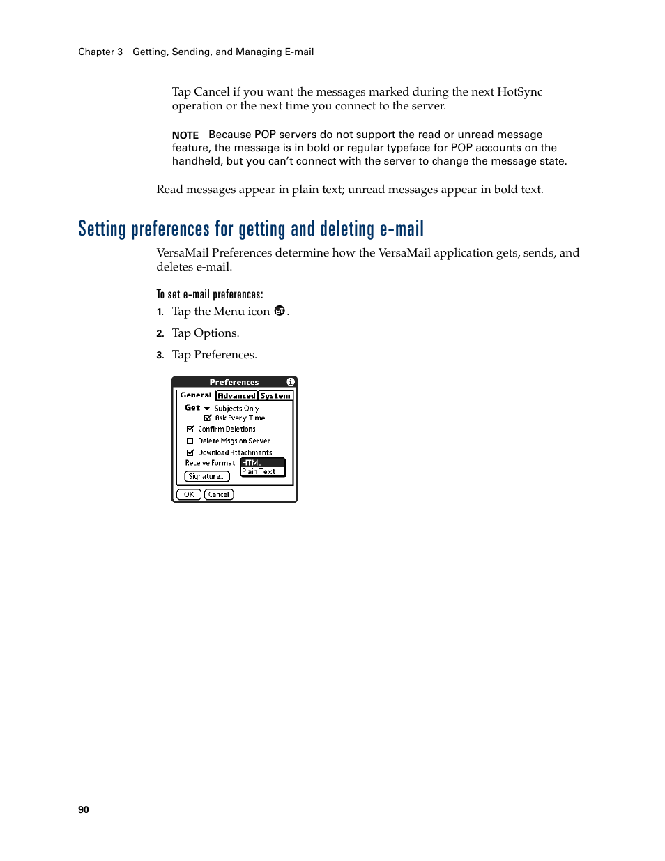 Setting preferences for getting and, Deleting e-mail | 2nd Ave. Palm VersaMail 2.5 User Manual | Page 96 / 166