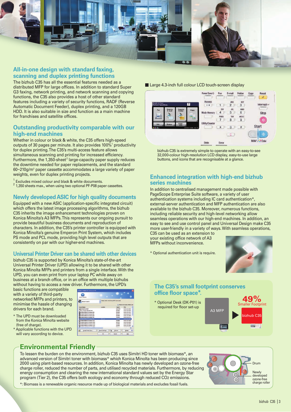 Environmental friendly, Newly developed asic for high quality documents | 2nd Ave. bizhub C35 User Manual | Page 3 / 4
