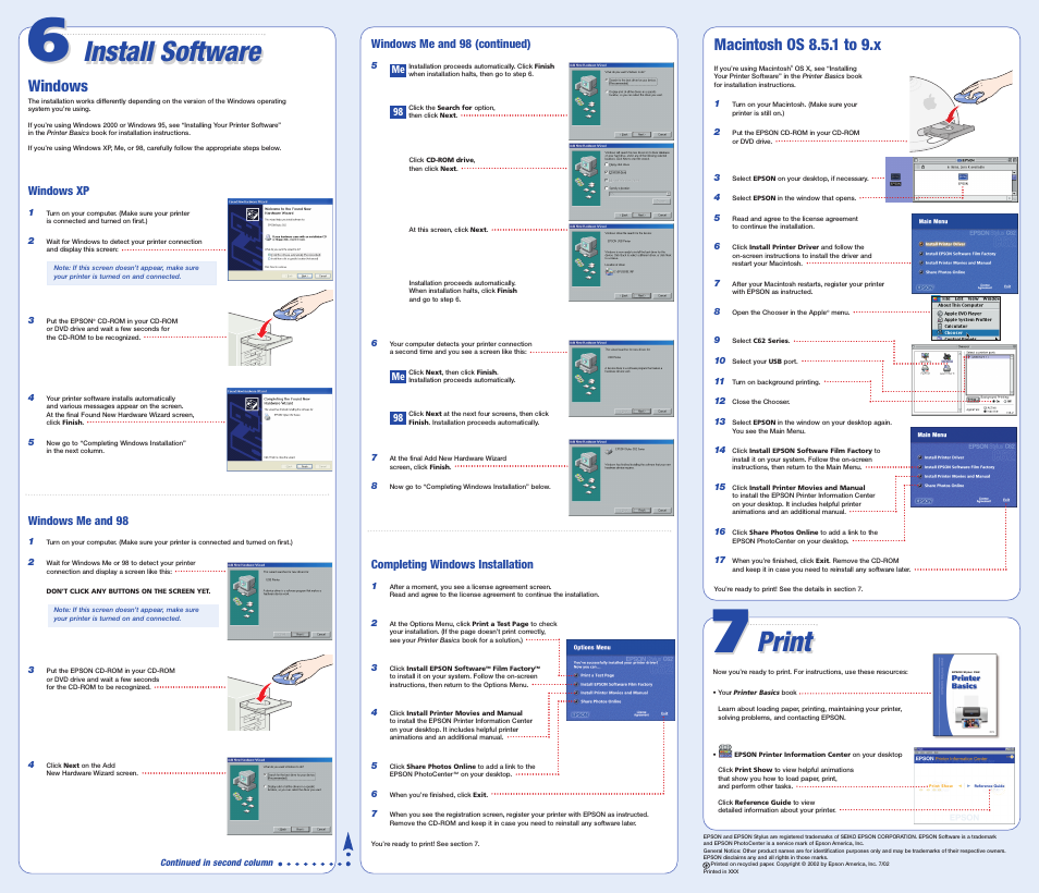 Install software, Print, Macintosh os 8.5.1 to 9.x | Windows | Epson C62 User Manual | Page 2 / 2