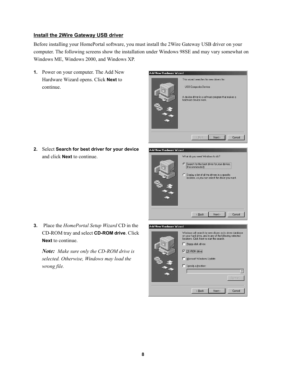 Install the 2wire gateway usb driver | 2Wire HOME PORTAL 100S User Manual | Page 12 / 55