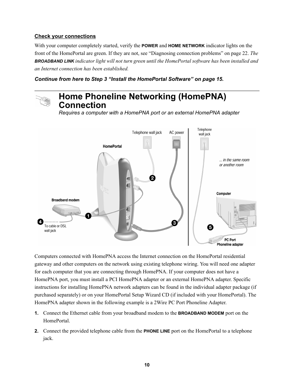 Check your connections, Home phoneline networking (homepna) connection | 2Wire HOME PORTAL 100S User Manual | Page 14 / 55