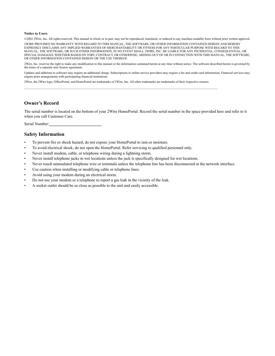 Owner’s record, Safety information | 2Wire HOME PORTAL 100S User Manual | Page 2 / 55