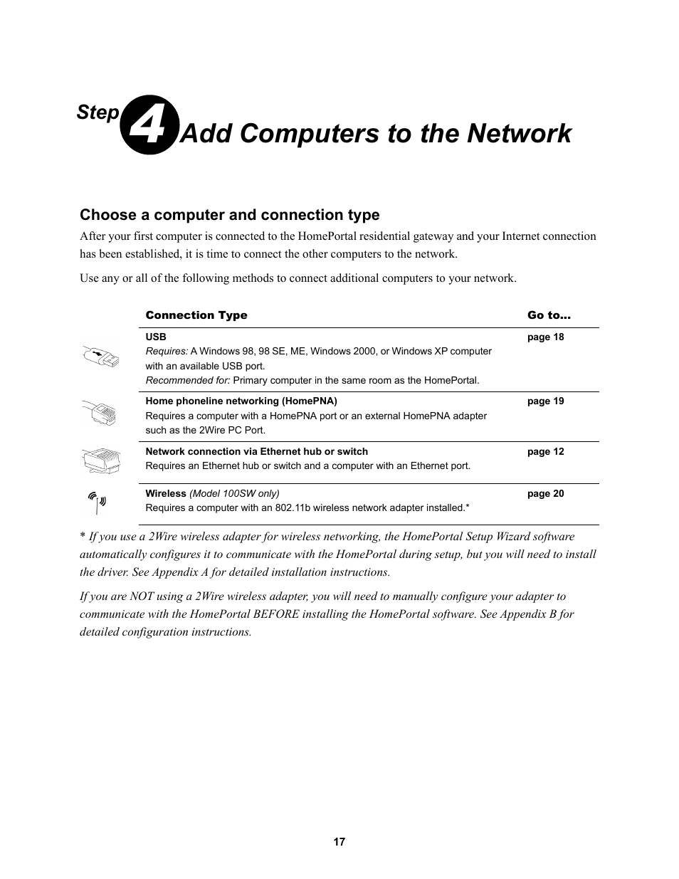 Step 4: add computers to the network, Choose a computer and connection type, Add computers to the network | Step | 2Wire HOME PORTAL 100S User Manual | Page 21 / 55