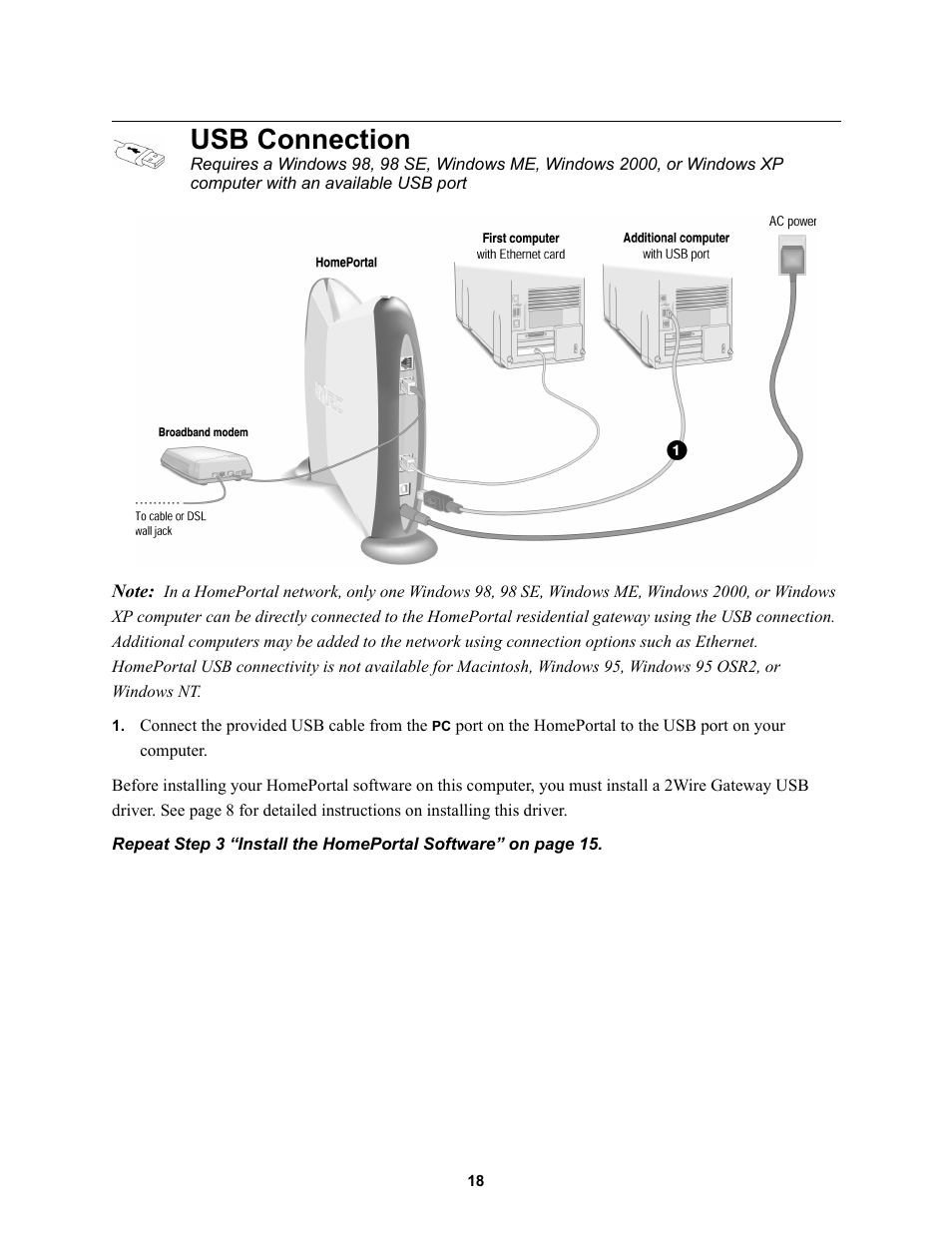 Usb connection | 2Wire HOME PORTAL 100S User Manual | Page 22 / 55