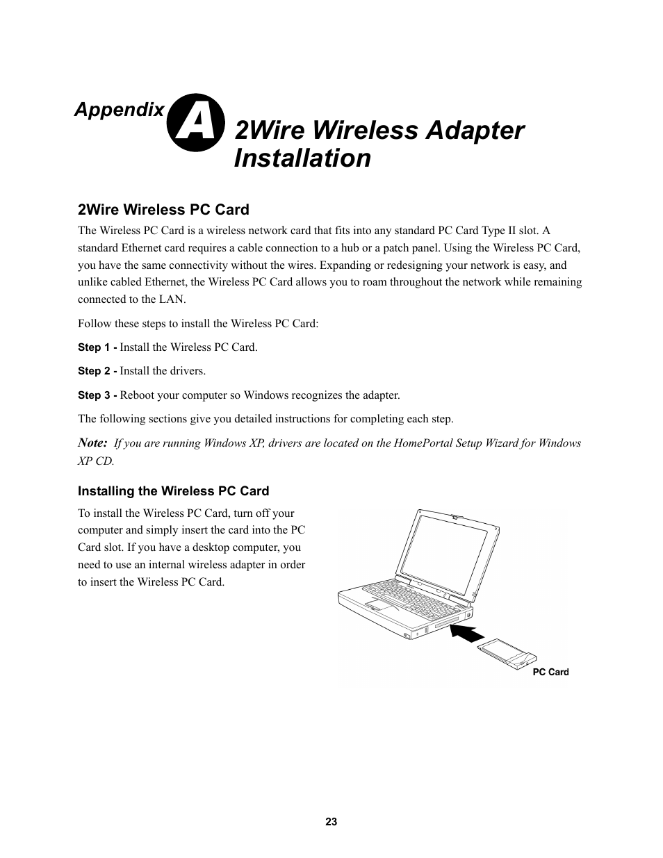 Appendix a: 2wire wireless adapter installation, 2wire wireless pc card, Installing the wireless pc card | 2wire wireless adapter installation, Appendix | 2Wire HOME PORTAL 100S User Manual | Page 27 / 55