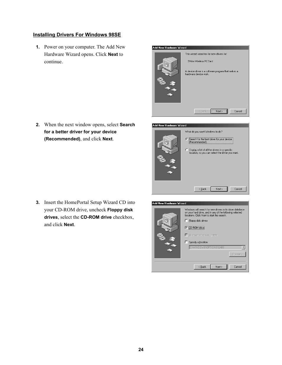 Installing drivers for windows 98se | 2Wire HOME PORTAL 100S User Manual | Page 28 / 55