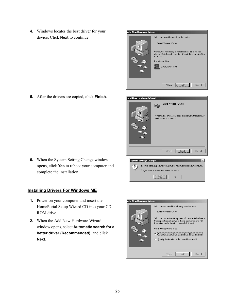 Installing drivers for windows me | 2Wire HOME PORTAL 100S User Manual | Page 29 / 55