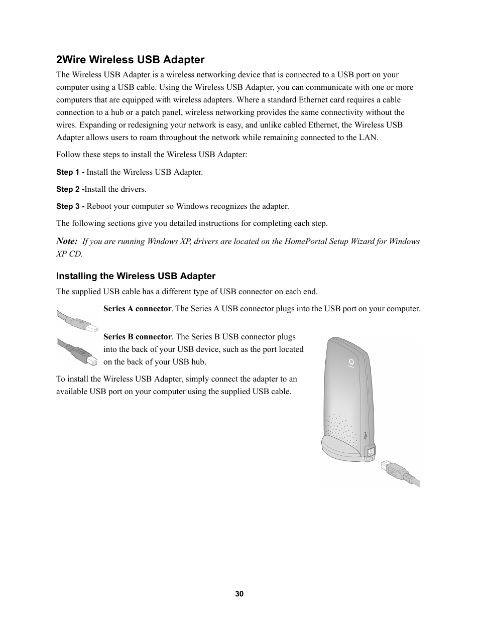 2wire wireless usb adapter, Installing the wireless usb adapter | 2Wire HOME PORTAL 100S User Manual | Page 34 / 55