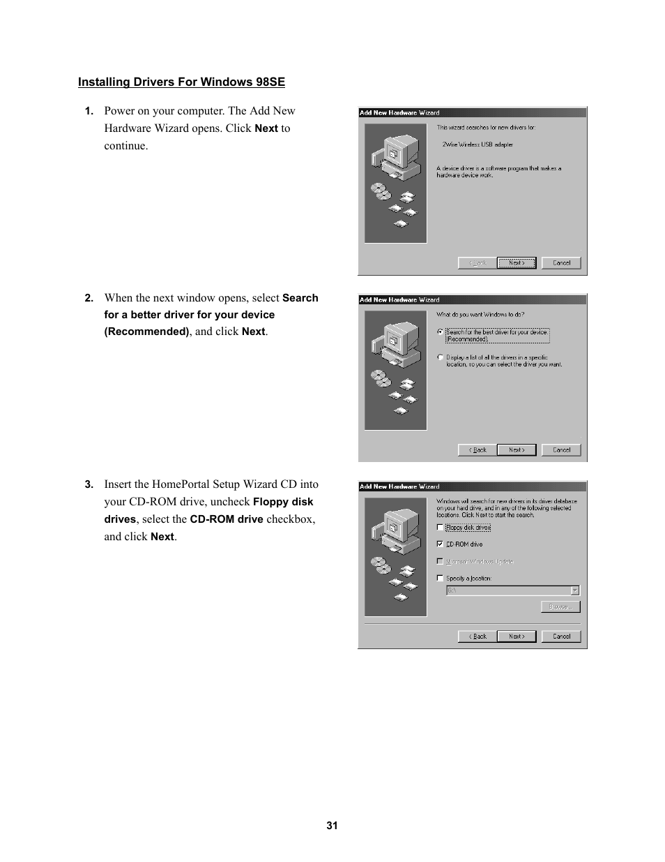 Installing drivers for windows 98se | 2Wire HOME PORTAL 100S User Manual | Page 35 / 55