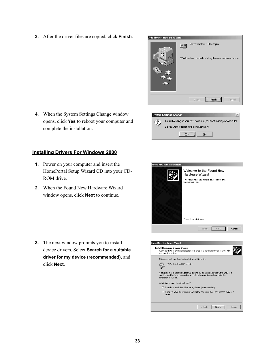 Installing drivers for windows 2000 | 2Wire HOME PORTAL 100S User Manual | Page 37 / 55