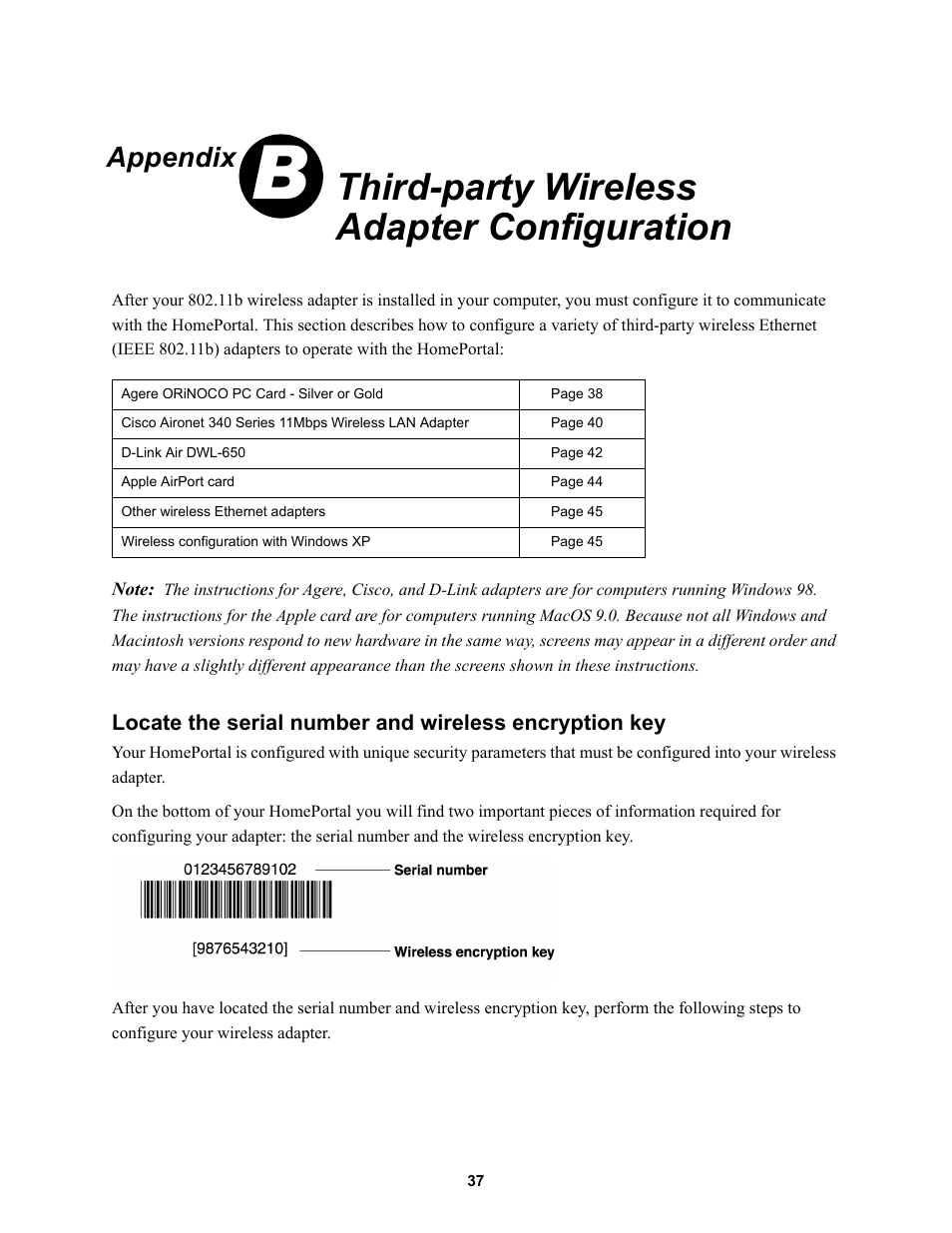 Third-party wireless adapter configuration, Appendix | 2Wire HOME PORTAL 100S User Manual | Page 41 / 55