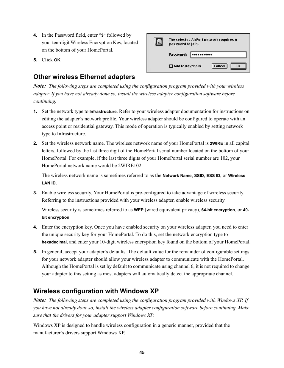 Other wireless ethernet adapters, Wireless configuration with windows xp | 2Wire HOME PORTAL 100S User Manual | Page 49 / 55
