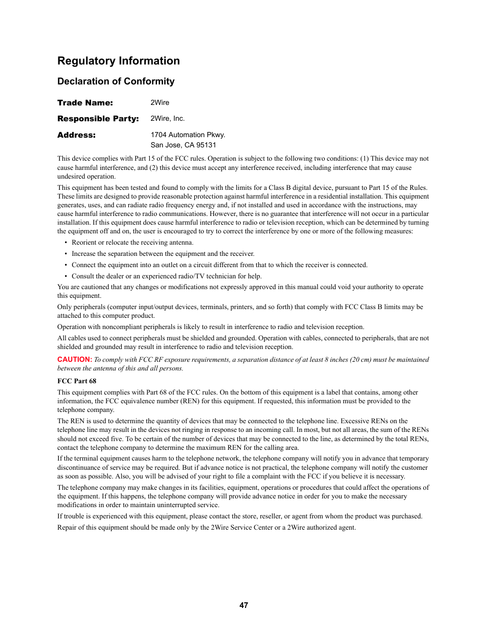 Regulatory information, Declaration of conformity | 2Wire HOME PORTAL 100S User Manual | Page 51 / 55