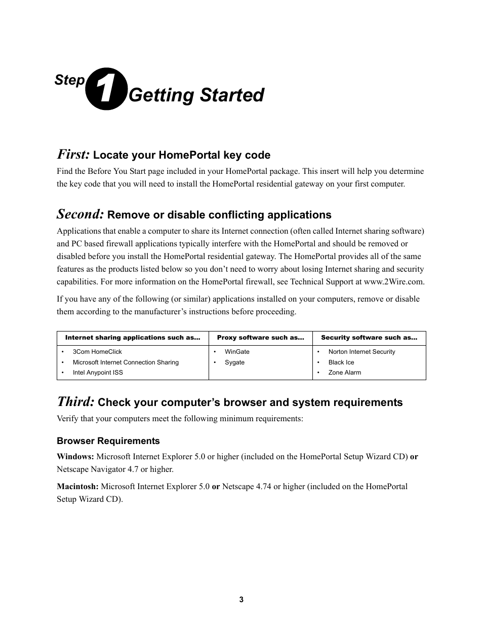 Step 1: getting started, First, Seco | Third, Browser requirements, Getting started, Step, Second | 2Wire HOME PORTAL 100S User Manual | Page 7 / 55