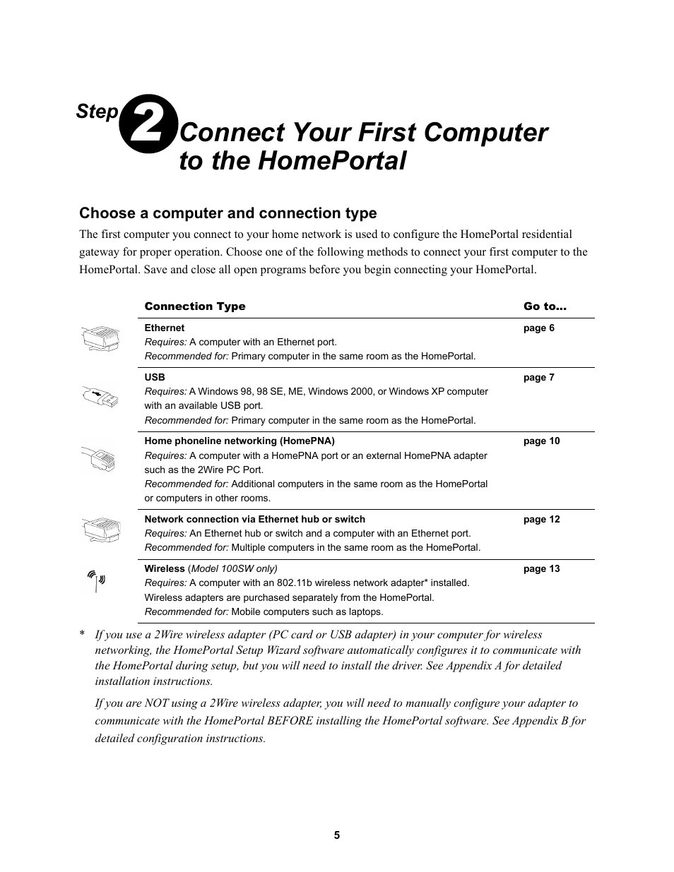 Choose a computer and connection type, Connect your first computer to the homeportal, Step | 2Wire HOME PORTAL 100S User Manual | Page 9 / 55