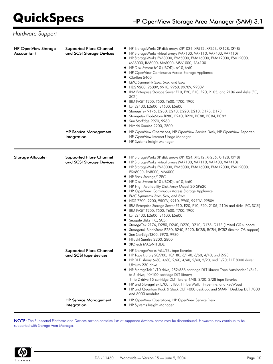 Quickspecs, Hp openview storage area manager (sam) 3.1 | HP Storage Area Manager User Manual | Page 10 / 13