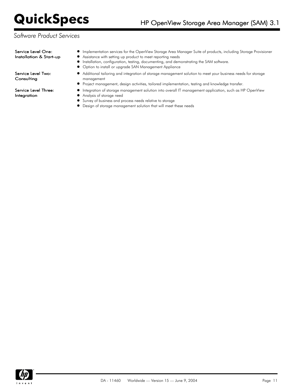 Software product services, Quickspecs, Hp openview storage area manager (sam) 3.1 | HP Storage Area Manager User Manual | Page 11 / 13