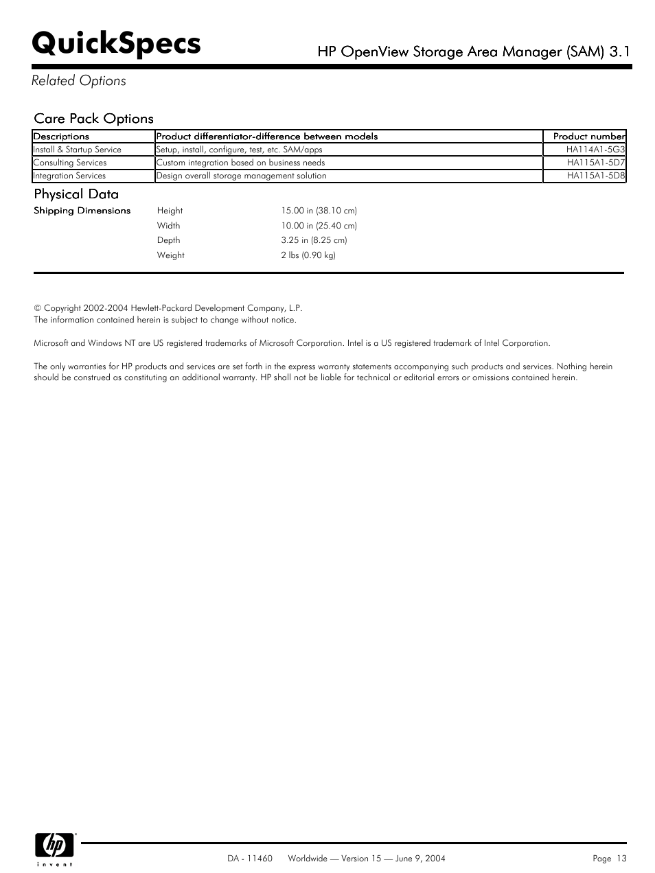 Related options, Quickspecs, Hp openview storage area manager (sam) 3.1 | Care pack options, Physical data | HP Storage Area Manager User Manual | Page 13 / 13