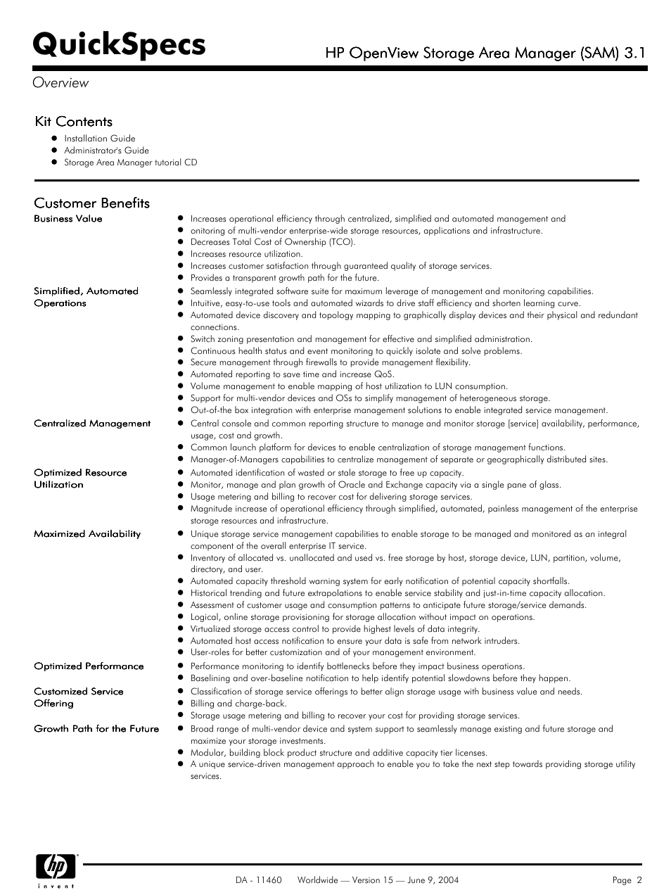 Quickspecs, Hp openview storage area manager (sam) 3.1, Kit contents | Customer benefits | HP Storage Area Manager User Manual | Page 2 / 13