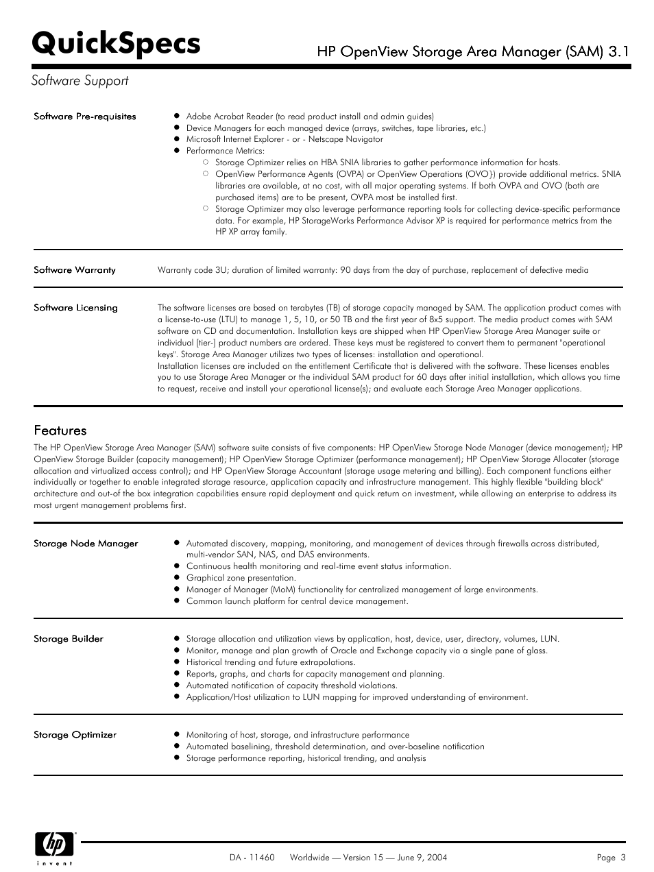 Software support, Quickspecs, Hp openview storage area manager (sam) 3.1 | Features | HP Storage Area Manager User Manual | Page 3 / 13